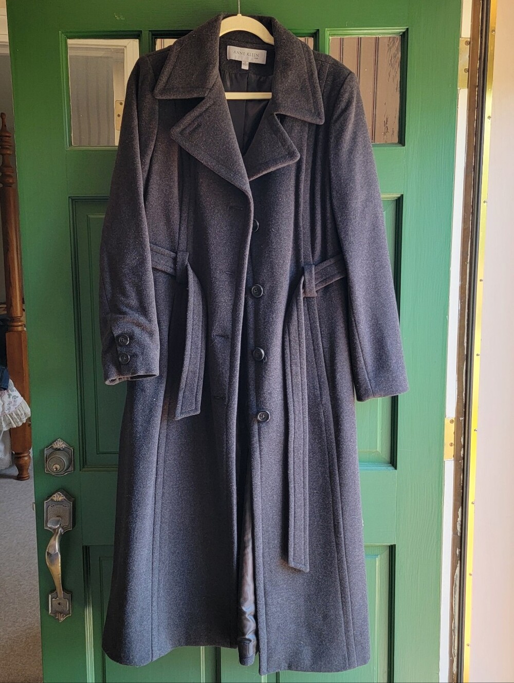 Anne Klein Women's Charcoal Gray Wool-Blend Long Trench Coat Sz 12